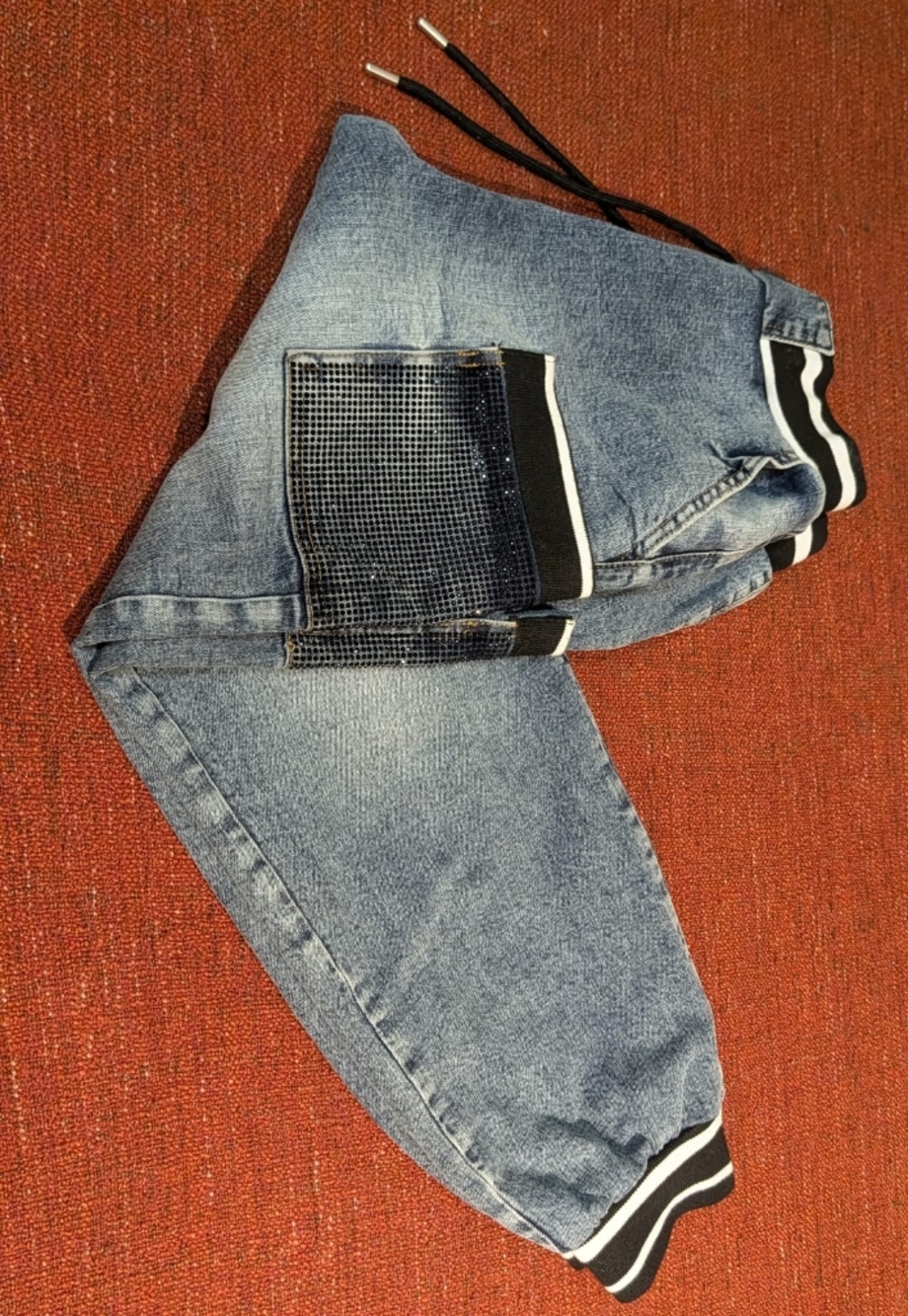 Y2K Coco Bianca Couture Bling Denim Track Pants Rhinestone Embellished Size 38